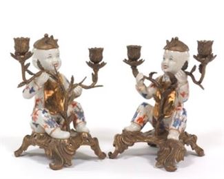 Pair of Chinoiserie Glaze Porcelain and Bronze Figural Candelabra 