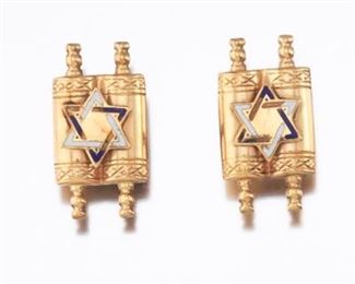 Pair of Gold and Enamel Torah Scroll Lapels 