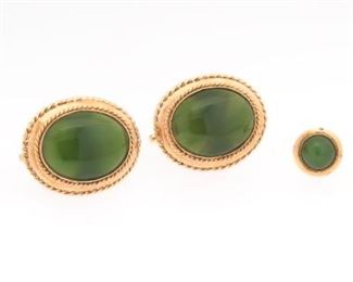 Pair of Gold and Nephrite Jade Cufflinks and Tie Tack 