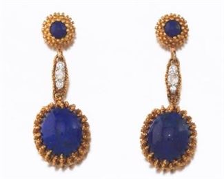 Pair of Gold, Diamond and Lapis Pendant Earrings 