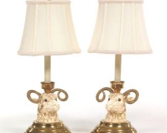 Pair of Porcelain and Brass Rams Head Boudoir Lamps 