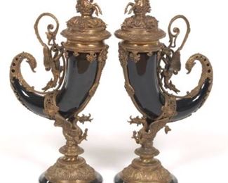 Pair of Renaissance Revival Castilian Porcelain and Bronze Horn Garnitures 