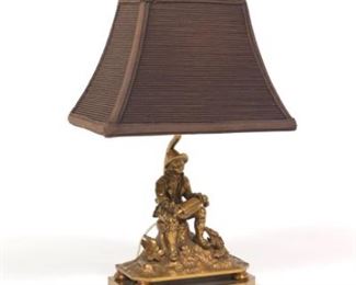 Patinated Bronze Figural Boudoir Lamp with Silk Shade 