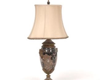 Renaissance Revival Castilian Italianate Porcelain and Bronze Lamp with Silk Shade 