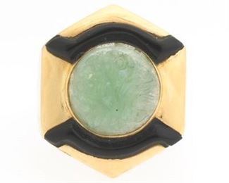 Retro Gold, Carved Jade and Enamel Ring 