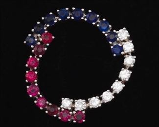 Retro Gold, Diamond, Sapphire and Ruby Circle Brooch 