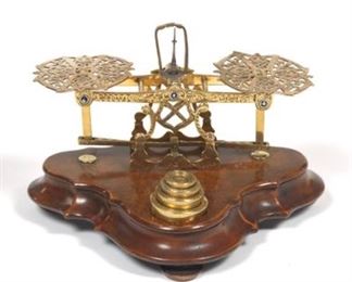 S. Mordan  Co, London Brass and Burlwood Postal Scale with Five Weights, ca. 1850s 