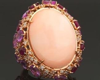 Stefan Hafner Italian Gold, Angel Skin Coral, Pink Sapphire, Ruby and Diamond Ring