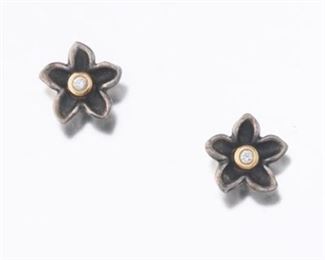 Sterling Silver, Gold and Diamond Flower Earrings 