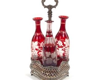 Three Bohemian Ruby Red Cruet Set on Silver Plated Holder, 19th Century