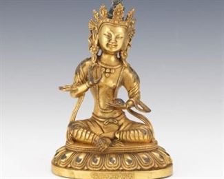 Tibetan Gilt Bronze Sculpture of Avalokitesvara on Lotus Throne, Yongle Marks 