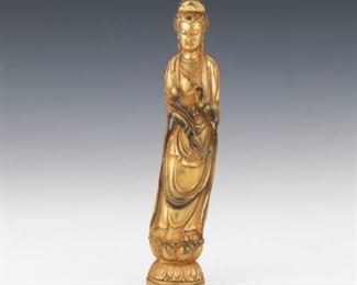 Tibetan Gilt Bronze Sculpture of Guanyin on Lotus Pedestal 