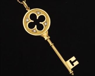 Tiffany  Co. Gold and Diamond Skeleton Key Pendant on Chain 