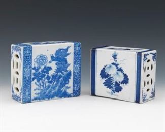 Two Blue and White Ceramic Brush Holders