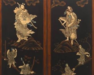 Two Japanese Sculptured Lacquer Hand Painted Wood Panels 