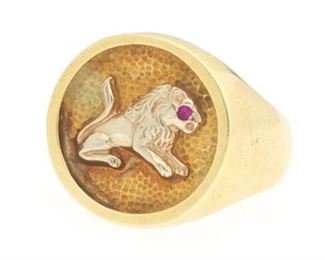 TwoTone Gold and Ruby Armorial Lion Ring 