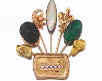 Victorian Custom Made Mutli Pin, Exotic Beetle, MotherofPearl, Malachite and Seed Pearl Brooch 