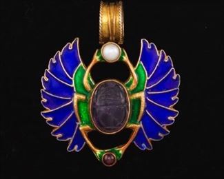 Victorian Egyptian Revival Vermeil Gold on Sterling Silver, Enamel, Seed Pearl, Rhodolite Garnet and Carved Amethyst Scarab Pendant 