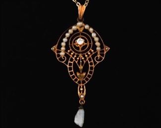 Victorian Gold, Diamond and Seed Pearl Pendant on Italian Gold Chain 