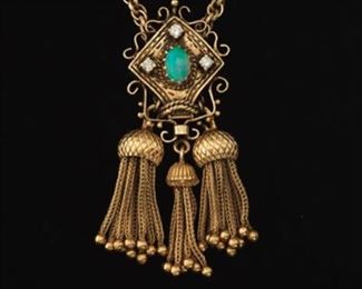 Victorian Gold, Opal and Diamond Fancy Link Slider Necklace 
