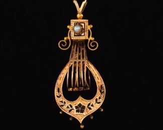 Victorian TwoTone Gold, Enamel and Seed Pearl Pendant 