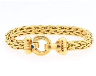 Vintage Italian Gold and Blue Sapphire Parisian Wheat Pattern Bracelet 