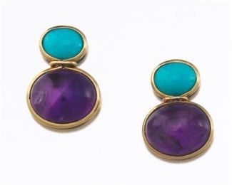 Yellow Gold, Amethyst and Turquoise Pair of Earrings 