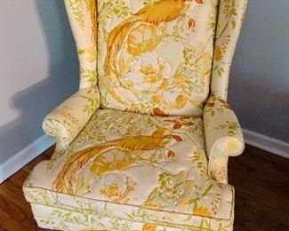 Upholstered High Back Chairs, Peacock Design, one of two