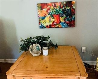 Light wood, 36x36” Coffee Table with storage drawer, Canvas still life wall art.