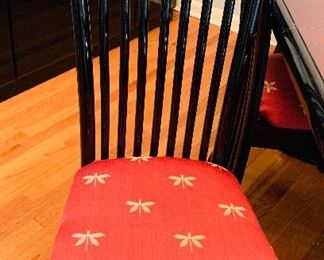 Silk Upholstered Dining Chairs, Black Lacquer finish, Dragon Fly design