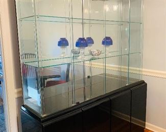 Lighted China Display, Glass Shelving with Cabinet Storage, Black Lacquer finish