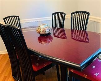 Oriental Style Lacquer Finish Dining Room, Table with leaf extensions to seat up to 10, 6 Dining Chairs, Red and Black Tones