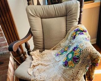 Wood Rocking Chair, Crochet Coverlet
