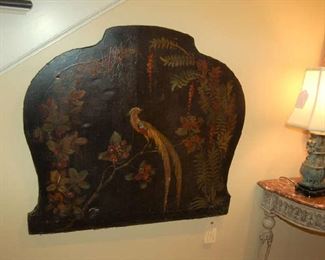Leather painted fire screen made into wall hanging