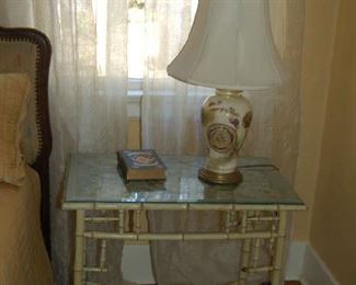 English bamboo table with needlework and glass top