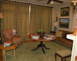 Baker table, upholstered sofa, papier mache tray table