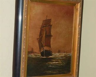 Oil on canvas painting of ship