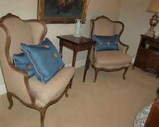 Two Country French armchairs and early small on-drawer candle stand