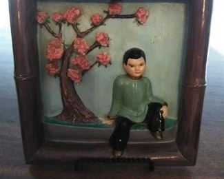 Vintage small bamboo framed china boy and cherry blossoms.