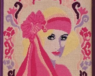 1920's lady in pink vintage needlepoint. This is very striking. Great in bathroom or entryway or bedroom, or...