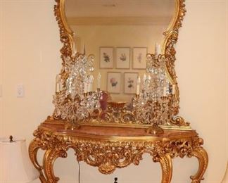 Goldleaf Console Table with Marble Top and Ornate Mirror and Brass and Crystal Candelabras