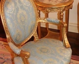 Pair of Bergere Chairs and Ornate Occasional Table