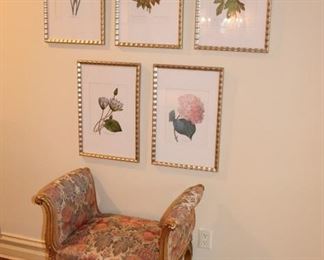 Upholstered Bench and Floral Prints