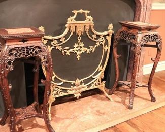 Pair of Carved Wood Pedestals and Fireplace Screen