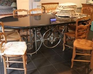 Oval Table with Metal Base and 8 Wood Chairs