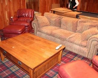 Comfy Den Furniture - Sofa, Pair of Easy Chairs with Matching Ottomans and Coffee Table