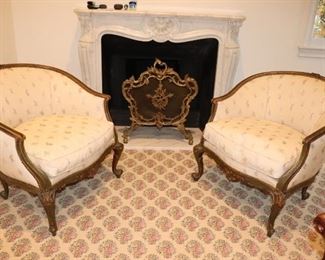Pair of Upholstered Chairs and Fireplace Screen