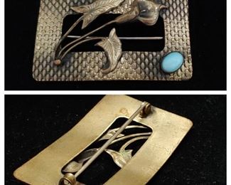 Gorgeous art nouveau antique brass pin with turquoise cabochon