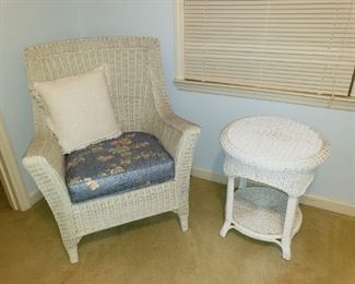 White wicker chair and side table 