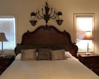 King sized headboard, 3-way wall lamp, small wall shelves